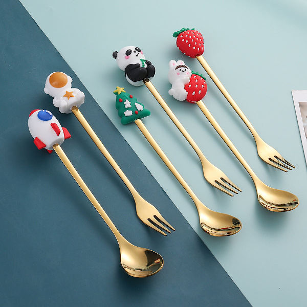 Tegneserie Bordservice Kattepote Ske Sød Dessert Ske Rustfrit Stål Ske Dukke Dessert Frugt Gaffel Golden Fork-Christmas round tree