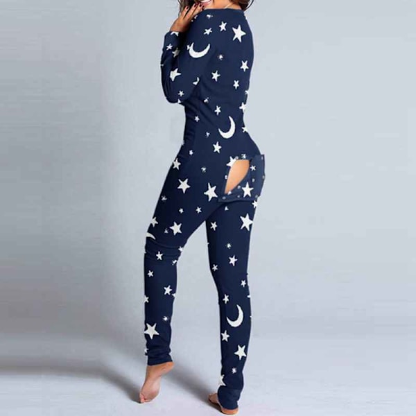 Syksyn ja talven naisten muoti kotiasu söpö painatus toiminnallinen napillinen läppä aikuisten yöasu yksiosainen pyjama Red XL
