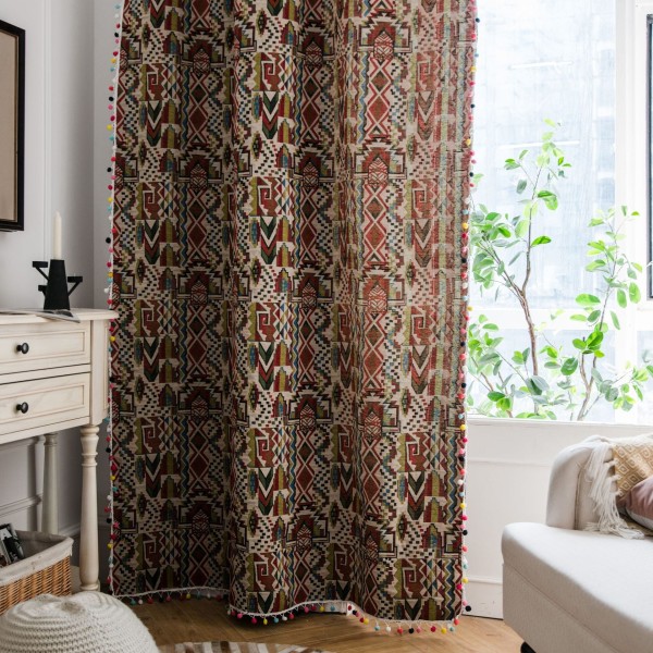Boho Geometrinen Boheemi Verho Makuuhuoneeseen Olohuoneeseen Puuvilla Pellava Painetut Koristeverhot Tupsulla Kodin Sisustus E0002 W150XH160