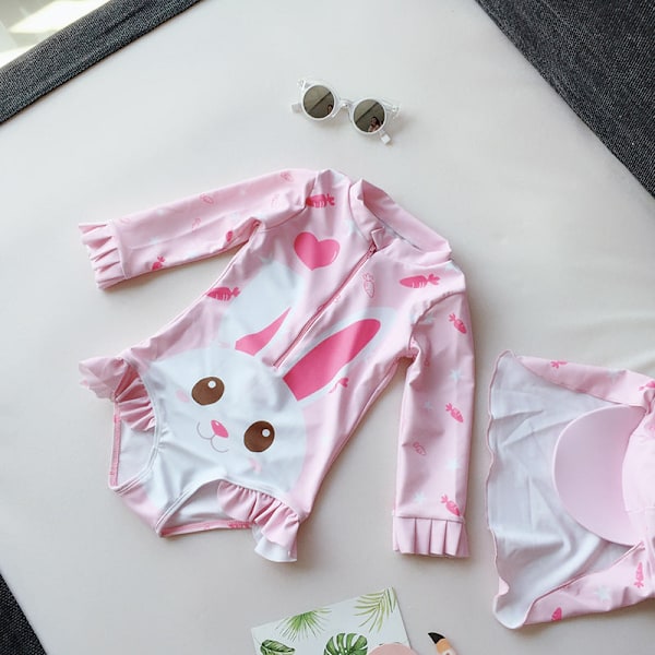 Baddräkt Heldräkt Spädbarn Långärmad Solskydd Baby Söt Kanin Prinsessa Flickor Badkläder Pink1 L (100-110cm)
