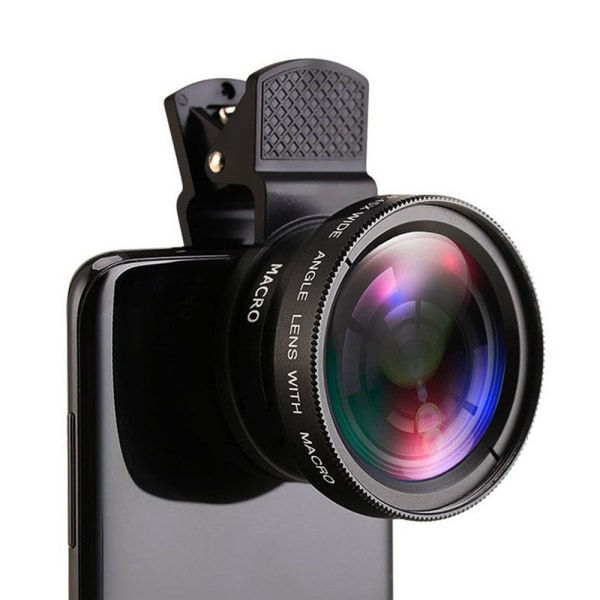 2 IN 1 Objektiivi Universaali Klipsi 37mm Matkapuhelinobjektiivi Ammattimainen 0.45x 49uv Superlaajakulma + Makro HD Objektiivi iPhone Androidille Gold
