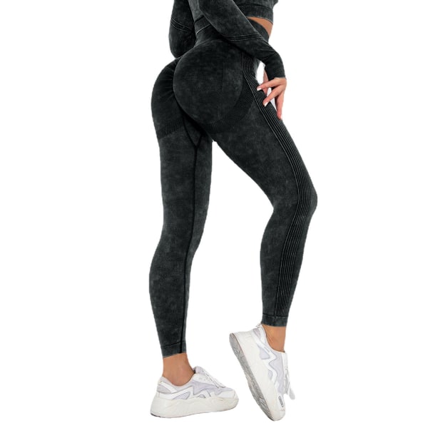 Sömlösa Tvättade Fuktabsorberande Sexiga Peach Hip Wicking Yogabyxor Träningsbyxor Leggings 6500 trousers-Washed Black S