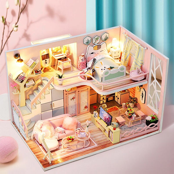 Cutebee DIY Dukkehus Sæt Træ Dukkehuse Miniature Dukkehus Møbelsæt Med LED Legetøj Til Børn Fødselsdagsgave L32 JM26A