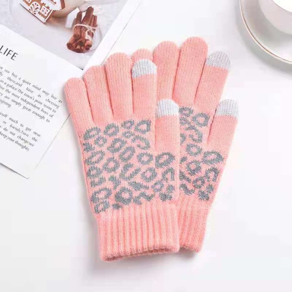 Fashion Leopard Cashmere Tykke Varme Handsker Til Kvinder Strikkede Voksne Vinter Casual Handsker Touch Screen Fingre Fortykning Handsker Pink One Size