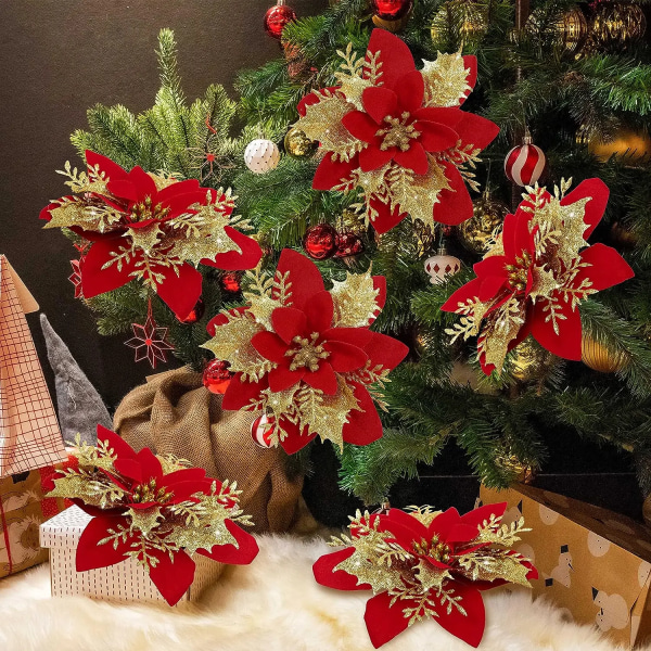 5/10 kpl 14 cm Glitteri Joulutähti Joulu Keinotekoiset Kukat Klipseillä DIY Joulukuusen Koristeet Seppele Takka Koristeet Red (5pcs)