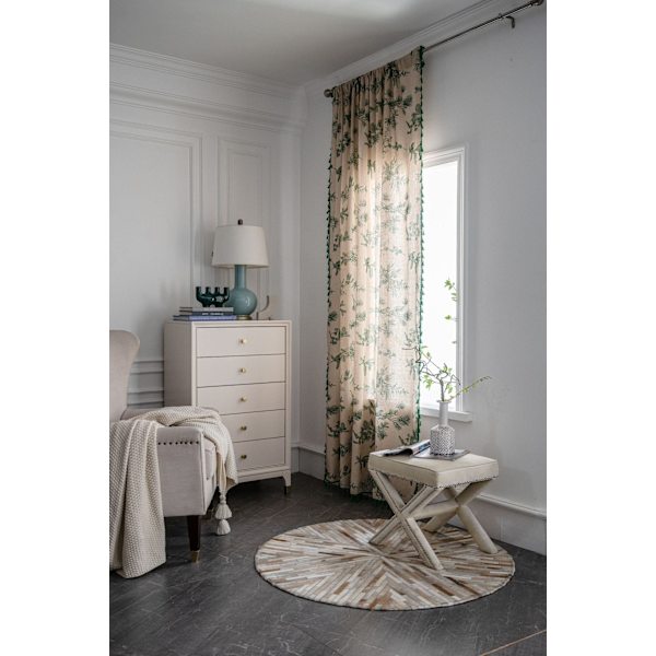 Bomuld og linned gardin med print af grønne fyrrekogler og frugter, Bed & Breakfast gardin, halvskygge køkkendørsgardin Green Pine fruit-punch 150*280