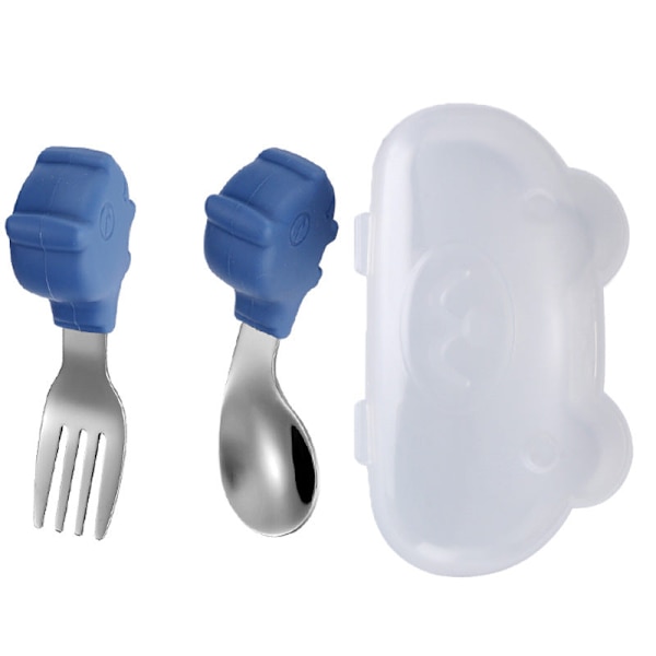 Vauvan haarukka ja lusikka integroidulla silikageelikiinnikkeellä taaperon ruokailuun tarkoitettu lautanen lasten astiasto Curved spork-transparent boxed-Blue