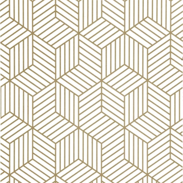 Kultaiset ja valkoiset geometriset kuusikulmiot, irrotettava ja kiinnitettävä tapetti, 17,7 x 393, kultaiset raidat, tapettikoriste