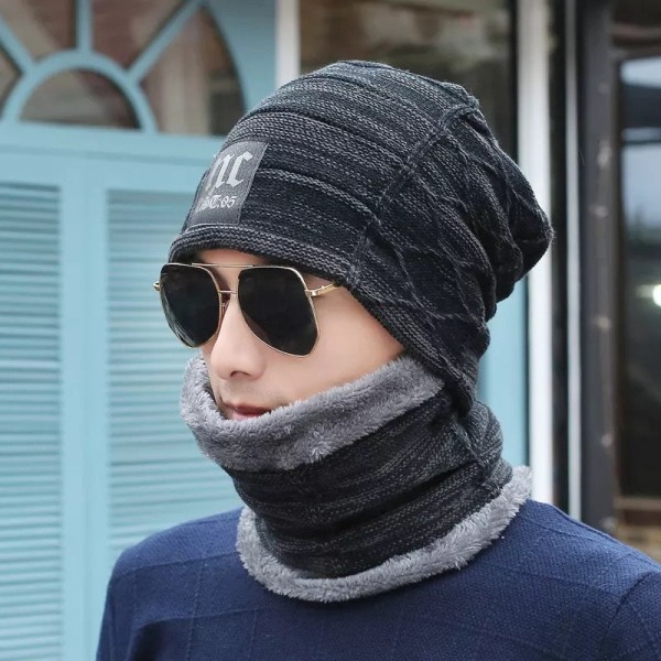 Cat Brother koreansk höst och vinter stickad cap för män Fleecefodrad förtjockad tröja [Hattscarf] Tvådelat set NC (black)