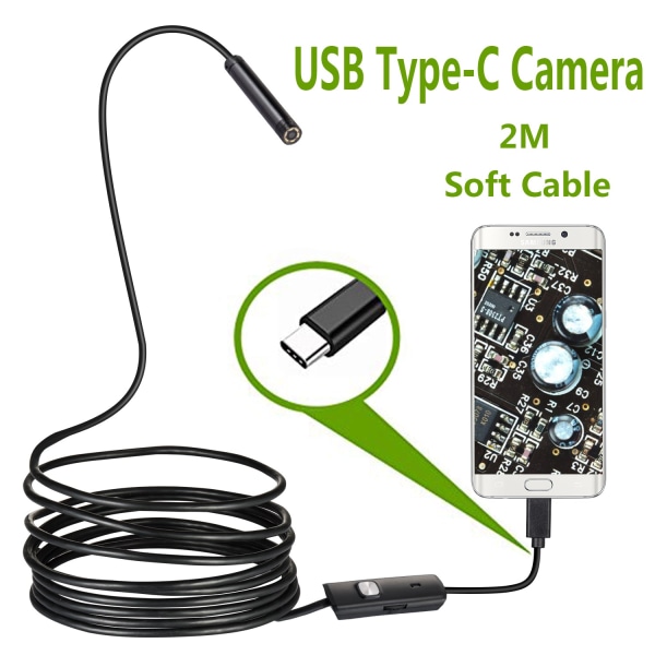 Nyaste 7,0 mm USB Type-C endoskopkamera Android PC 2 m flexibel orminspektionsskop Borescope-kamera med 6 lysdioder justerbar 2m