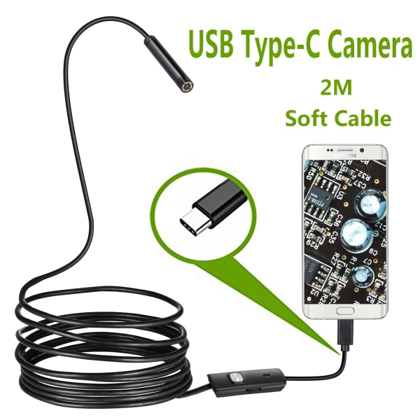 Nyeste 7.0mm USB Type-C Endoskop Kamera Android PC 2m Fleksibel Slange Inspeksjonsomfang Borescope Kamera med 6LEDs Justerbar 2m