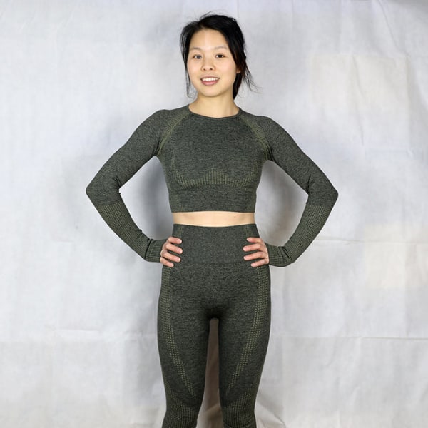 Set Gym Kläder Fitness Leggings+Cropped skjortor Sport Suit Dam khaki green L