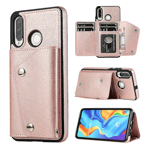 Handgjort PU Läderfodral För Huawei P30 Lite Med Korthållare, Plånboksfunktion, Stödfunktion, Fallskydd Rose Gold