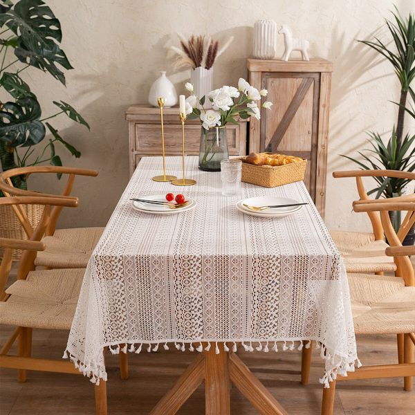 Hålad Fransk Spets Beige Duk Rektangulär Bröllop Födelsedagsfest Dekorativ Bordsduk Mantel Mesa Nappe med Tofs Beige 150X220CM