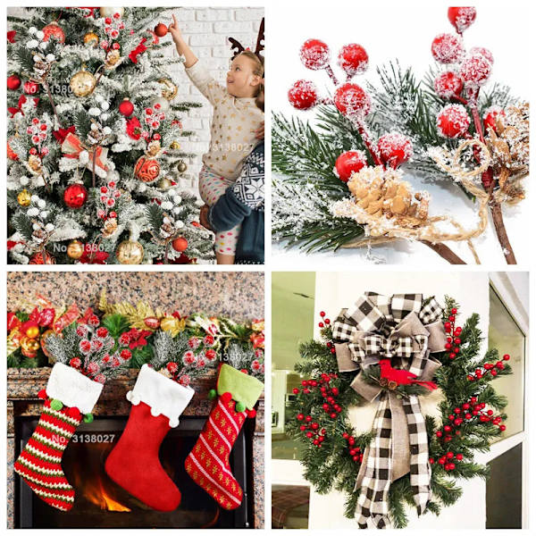 5 st Jul Röda Bär Konstgjord Blomma Tallkotte Gren Julgransdekorationer Ornament Presentförpackning Hem DIY Krans 3red 2white