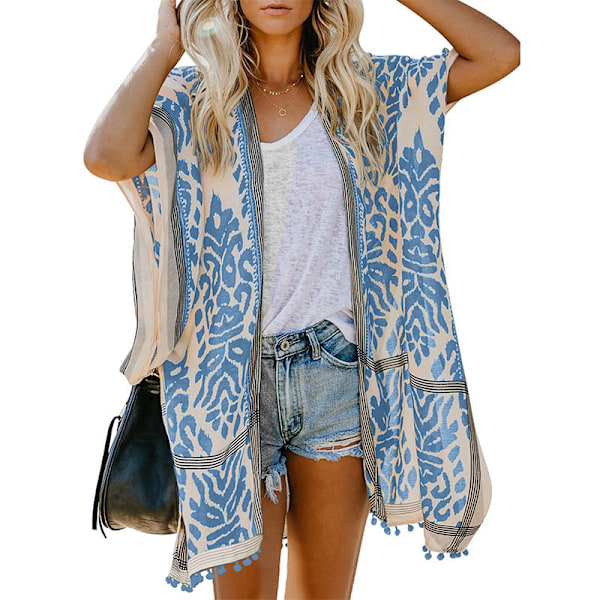 Badedragt Hawaii Seaside Holiday Cardigan Kortærmet Solbeskyttende Tøj Trykt Strand Cover-up Mellemlangt Badetøj LC85278-light blue Average size