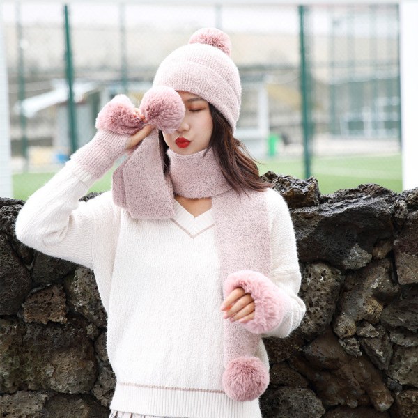 Söt Pälsboll Hatt Halsduk Handskar Tredelat Stickat Termiskt Tredelat Set Pink