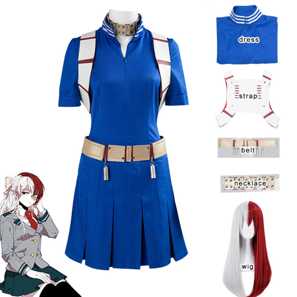 Anime Boku No Hero Academia Todoroki Shoto Cosplay Flickklänning Halsband Peruk Kvinna Flicka Kjort Huvudbonad Skoluniform Long wig XS