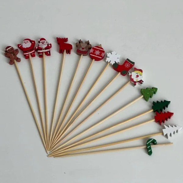 50 st/set Jul Fruktpinnar Engångs Bambupinnar Snöflinga Julgran Älg Jultomte Snögubbe Pinnar Juldekorationer Green Tree