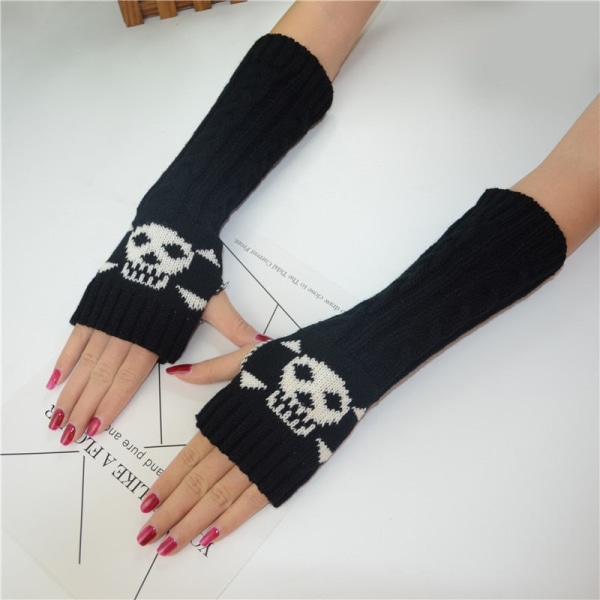 Goth Long Fingerless Arm Warms Handskar Armvärmare Flickor Black Skull Handskar Kvinnor Stickning Varma Handskar Punk EMO Mode Vantar Khaki 1 One Size