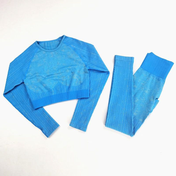 Yoga Sæt Langærmet Cropped Top T-Shirt Leggings Træningsdragt Til Kvinder Original Blue Set M