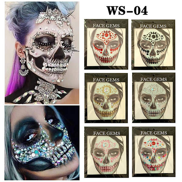 Halloween Ansiktsdekaler Spöke Dödskalle Ansikte med Diamantdekoration 3D Sexig Ansiktsdekal Bal Högtidsfest Ansiktsdekor 20000
