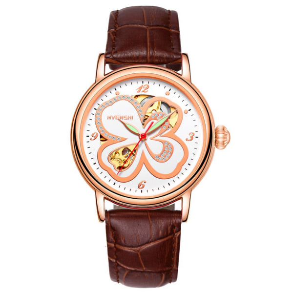 Huangshi Klocka Dam Hollow Luminous Automatisk Mekanisk Klocka Mode Bälte Business Damklocka Four-Leaf Clover white steel belt