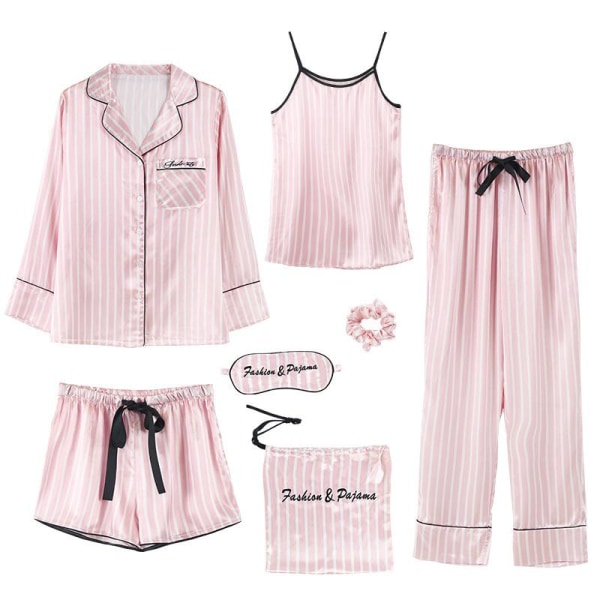 7 st Kvinna Pyjamas Set Nattlinne+Topp+Lång Kort Byx Set Randig Sexig Kvinnlig Pyjamas Pink M