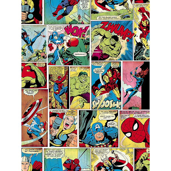 Marvel Tegneserie Tapet Muriva Blå/Rød/Gul Blue/Red/Yellow