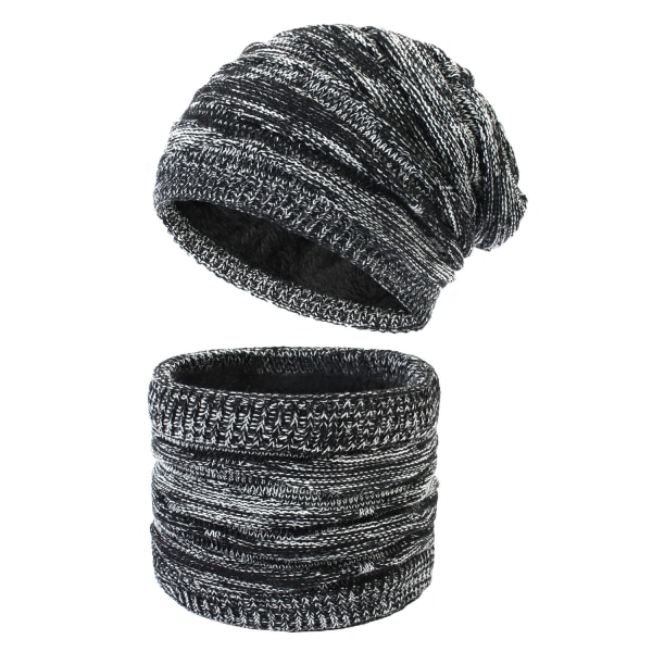 Damstickad mössa Vinterfleecefodrad halsduk och mössa kostym Diamantstickad ullmössa Scarf Tvådelat set män Black