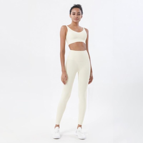 Yoga Set Sports Suit Kvinnor Lounge Wear Crop Toppar och Leggings Light ivory   Brown M