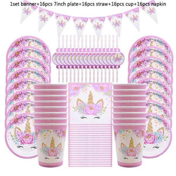 Engangs сервиise med enhjørning-tema, papirtallerkener, kopper, servietter, dekorasjon til enhjørning-bursdagsfest, babyshower, jente 65Pcs SetB