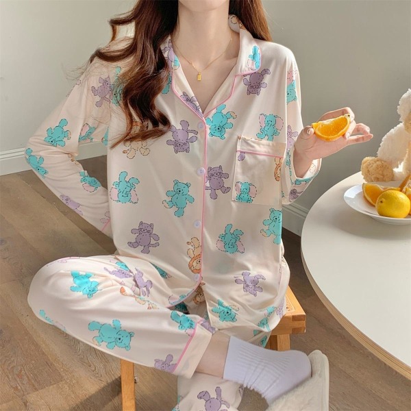 INS-stil tecknad söt björn pyjamas för kvinnor Långärmad Sweet Casual långärmade byxor Loungewear Black 2XL