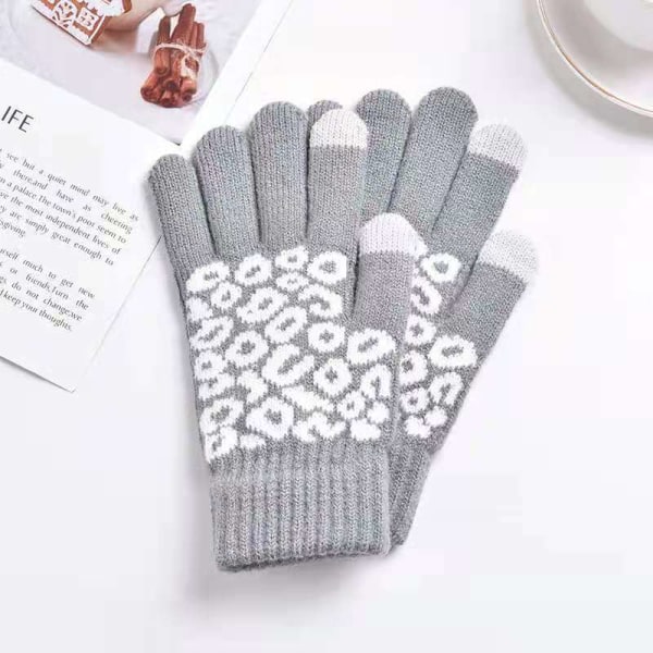 Fashion Leopard Cashmere Tykke Varme Handsker Til Kvinder Strikkede Voksne Vinter Casual Handsker Touch Screen Fingre Fortykning Handsker White One Size