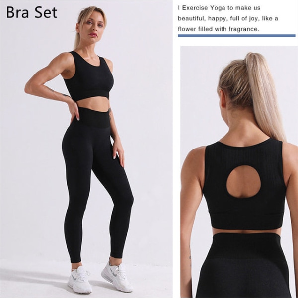 Set Långärmad Crop Top T-shirt Leggings träningsoverall för kvinnor Black Bra Set M