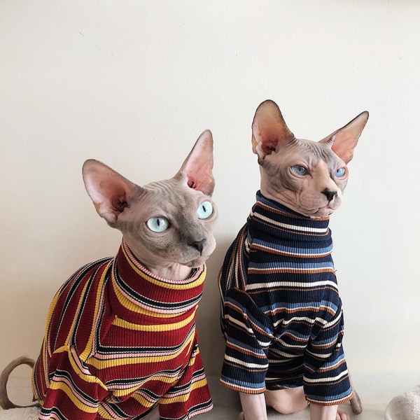 Kattkläder för Sphinx Nakenkatt Randiga Kläder Varm Stickad Tröja Husdjurskläder Katt Leverantör XS till XL Navy Blue S