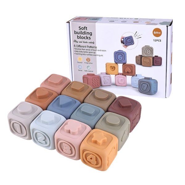 Pusselbyggklossar för spädbarn, kognitiv avlastning, mjuka fyrkantiga byggklossar, Jenga vinylbyggklossar av flexibelt limleksaker Soft rubber Square 6PCs