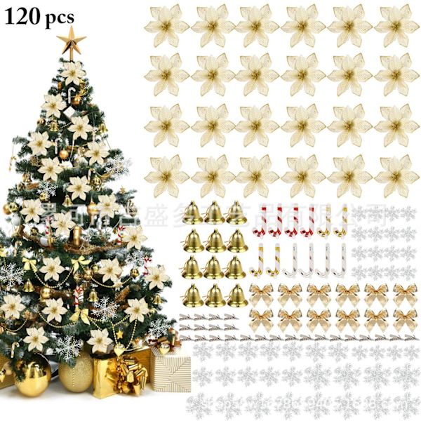 120 stk. Juleblomstsett Juletrepynt Anheng Plastblomster Kunstige Blomster Golden Set