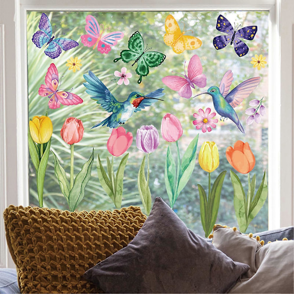 8 Ark/Sett Vindu Klistremerker Vår Blomst Kolibri Sommerfugler Vanntett PVC Dobbeltsidig Hjemmekontor Statisk Glass Dekor Klistremerke Dekalsett