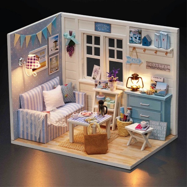 Gör-det-själv Mini House Building Model Monterad leksak Barnfödelsedagsvaror Julklapp Blue