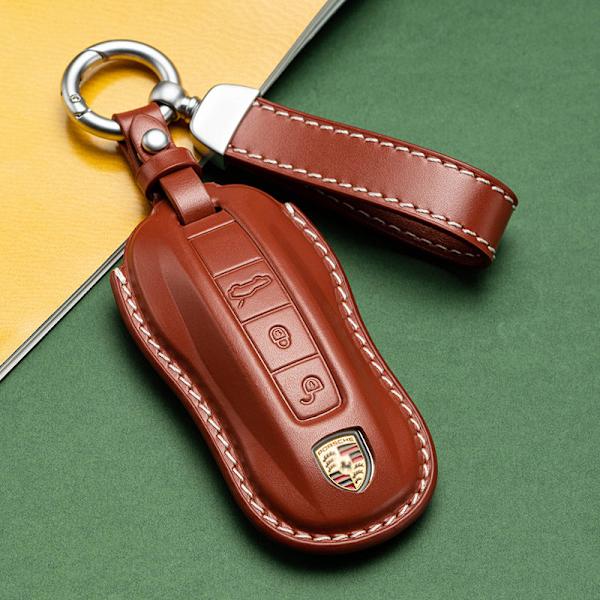 För Porsche Cayenne Taycan Nyckelskydd Panamera Macan718/911 Bilnyckel Skyddsskal Äkta Läder Väska Brown leather hanging buckle