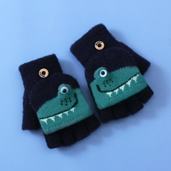 Småbørn Vinter Strikkede Fingerløse Tegneserie Handsker Tykke Varme Udendørs Skrive Konvertible Flip Top Halv Finger Vanter 6-10 År Gray Dino