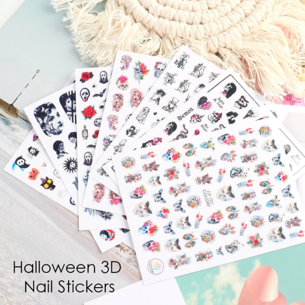 Halloween Anime Nails Stickers Terror Gothic Style Skalle Svart Snake Dekaler 3D Nyår Sliders Manikyrdekorationer LECA725-732 STZ-G034 Gold