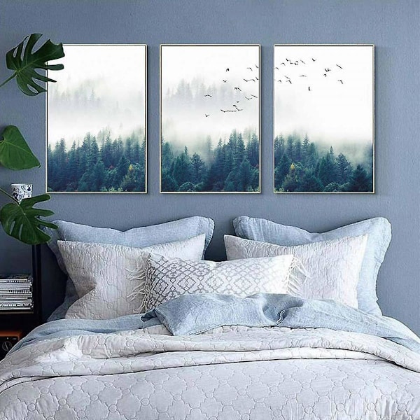 Wekity Misty Forest Väggkonst Canvas Tryck Affisch, Enkel Modefotografi Konst Dekor för Hem Vardagsrum Sovrum Kontor (Set med 3 Oramade, 5''x7'')
