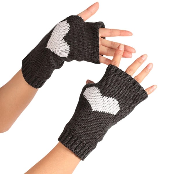 Vinterhandskar damer Pekskärm Tjocka varma stickade handskar Love Heart Print Fingerless Mitten Outdoor Skid Handskar Gray One Size