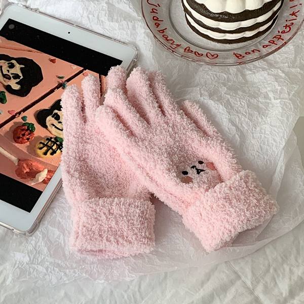 Vinter Plys Søde Pige Handsker Varme Fingerhandsker Broderi Blush Bjørn Uld Vanter Studenter Kolde Udendørs Cykelhandsker Black One Size