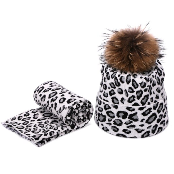 Vinter dam pompong mössa scarf set Leopard Sexig utomhus varm 2 stycken päls pom pom hatt scarf häckmössor för kvinnliga tjejer D