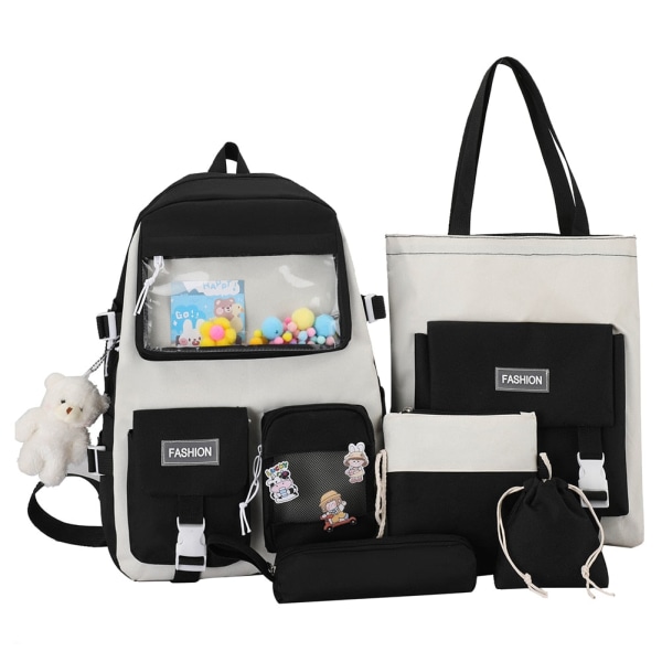 4 st/set Skolryggsäckar för damer Skolväska Daisy Canvas för tonårsflickor Student College Bokväska Pojkar Portfölj Bolsas Mochilas H Black White Backpacks
