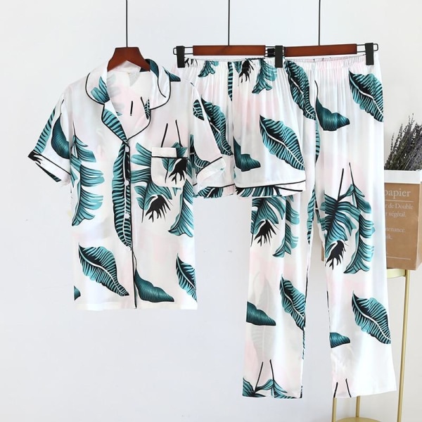 2023 Nya Dam Pyjamas för Vår och Sommar 100% Viskos Tredelad Kortärmad + Shorts + Byxor Mjuka och Bekväma Hemkläder Blue L