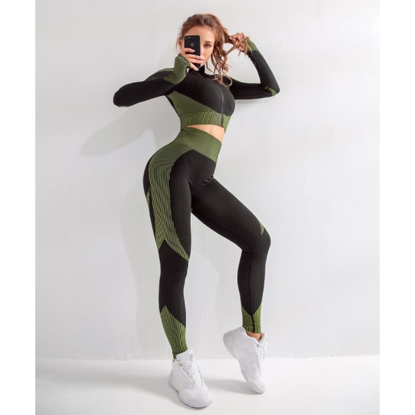 Yoga Set Långärmad Yoga Kläder Dam Sport Gym Träningsdräkter Löparkläder 3PcsSetGreen M